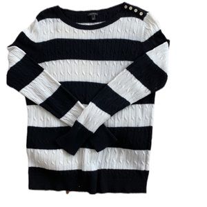 Talbots Black & White Stripe Button-Shoulder Pullover Sweater - Large
